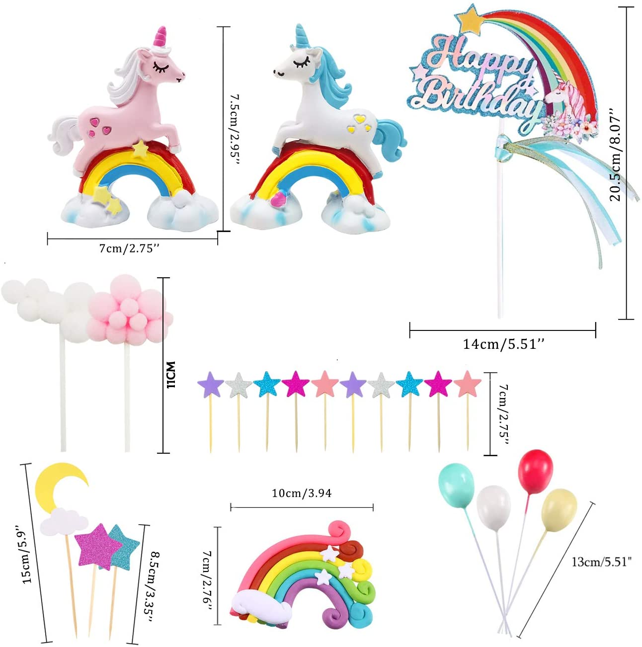 Yksisarvinen kakkukakku sateenkaari yksisarvinen hyvää syntymäpäivää kakku koristelu hyvää syntymäpäivää kaatopaikka pilvi ilmapallot kuu tähdet cupcake topp: Default Title