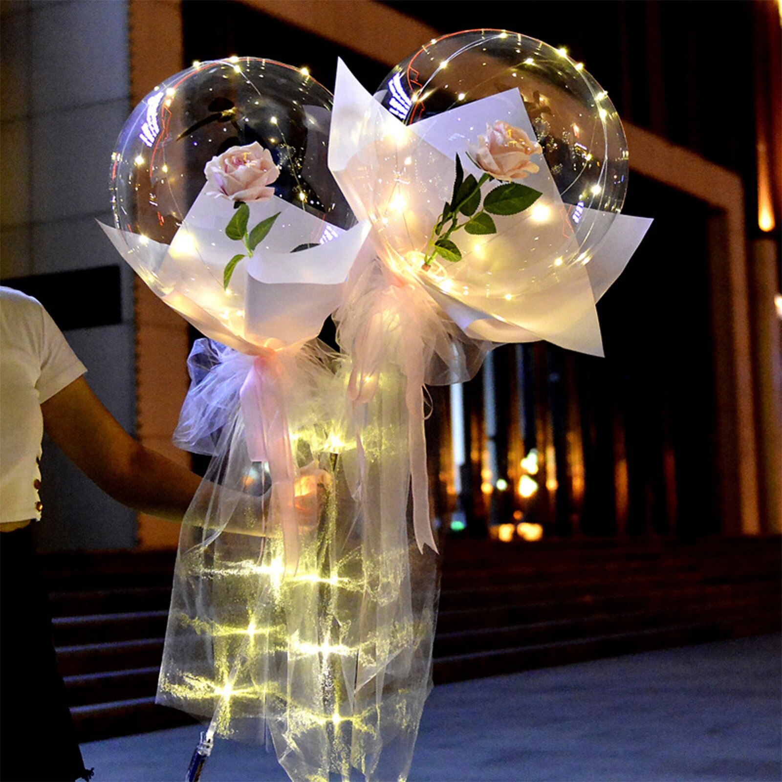 Led Luminous Balloon Rose Bouquet Valentines Day Transparent Bobo Ball Rose Birthday Party Wedding Decoration Balloon#p30