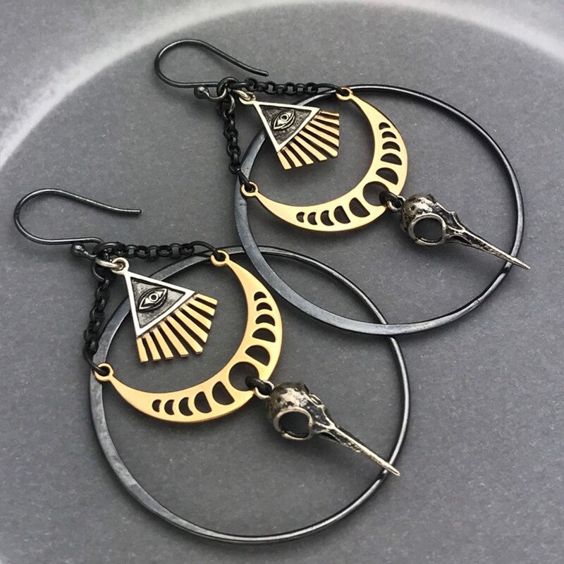 Exaggerated Moon Crow Skull Earrings Stars and Moon Bohemian Healing Celestial Witchy Metaphysical Jewelry