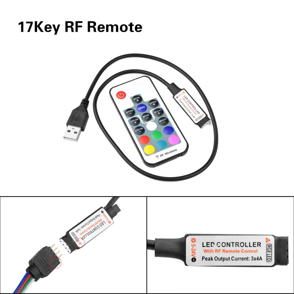Controlador RGB USB de 5V CC Mini 3 Llaves regulador/Control Remoto IR de 24 teclas/Control remoto inalámbrico RF de 17 teclas para tira LED RGB USB