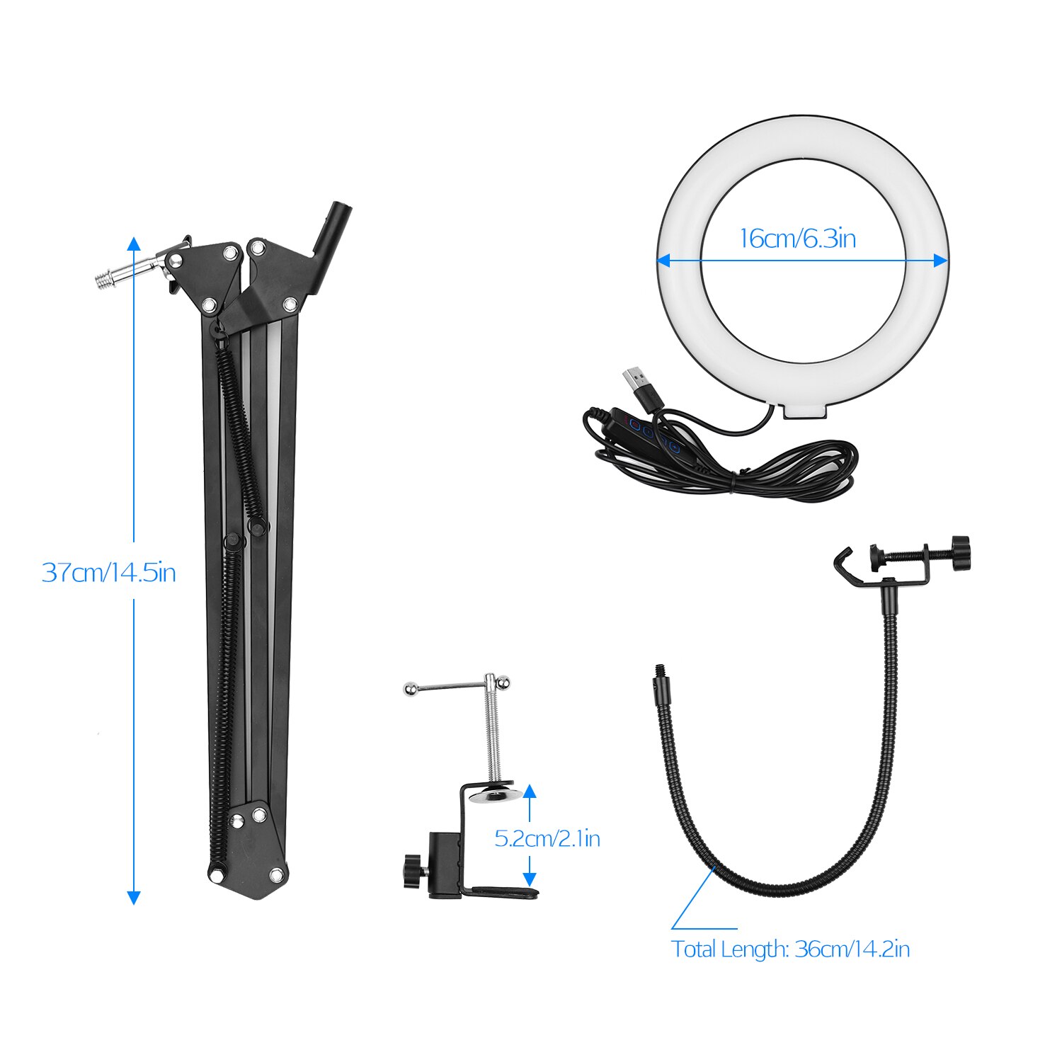6.5inch/16cm Video Ring Light Kit with Articulating Arm Ball Head Light Stand Micropone Shock Mount Phone Clamp Remote Shutter