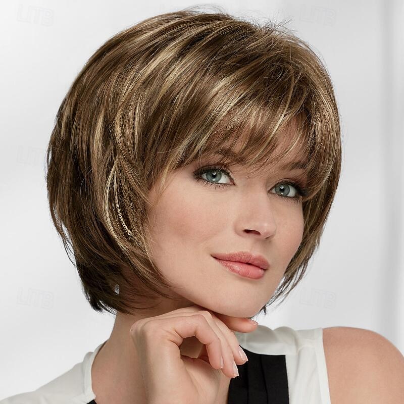 Hairjoy synthetische korte steile pruiken voor blanke vrouwen, gemengde bruine pruiken met pony, korte haarpruiken
