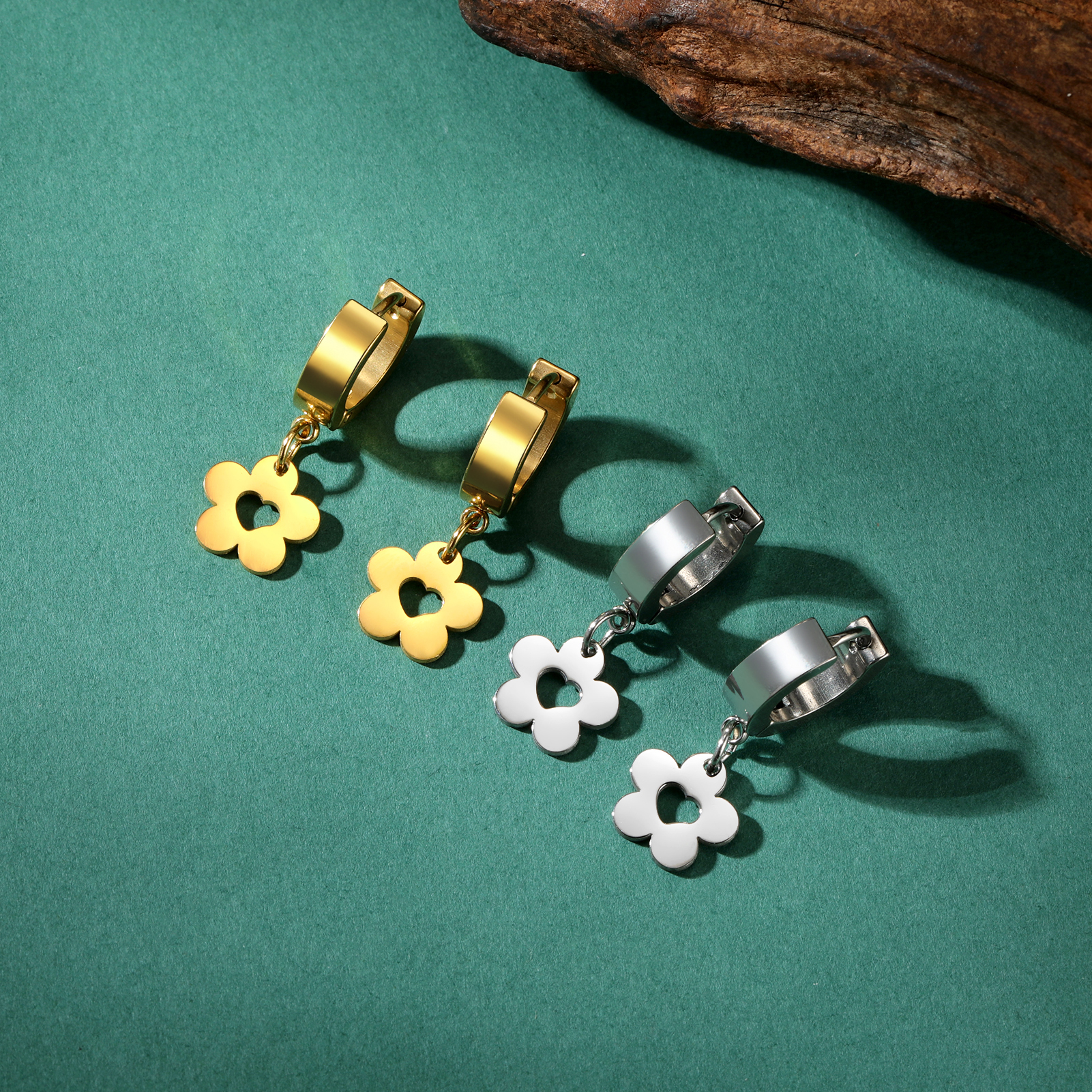 Skyrim Kpop-pendientes colgantes de flores para mujer, aretes de aro de acero inoxidable de Color dorado, joyería de boda bohemia, en
