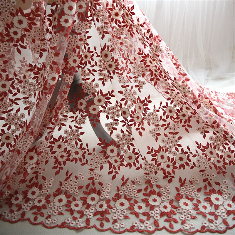 Saskia 1 yard flerfarvet blomst broderet stof materiale afrikansk blonder net stof sy brudekjole kappe stof diy rød lilla
