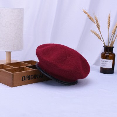 Ymsaid skóra francuski beret czapka czarna kobieta 100 wełna czuł malarze berety dla kobiet zima jesień czapka typu czapka bez daszka rozmiar 56-58cm: wino czerwony