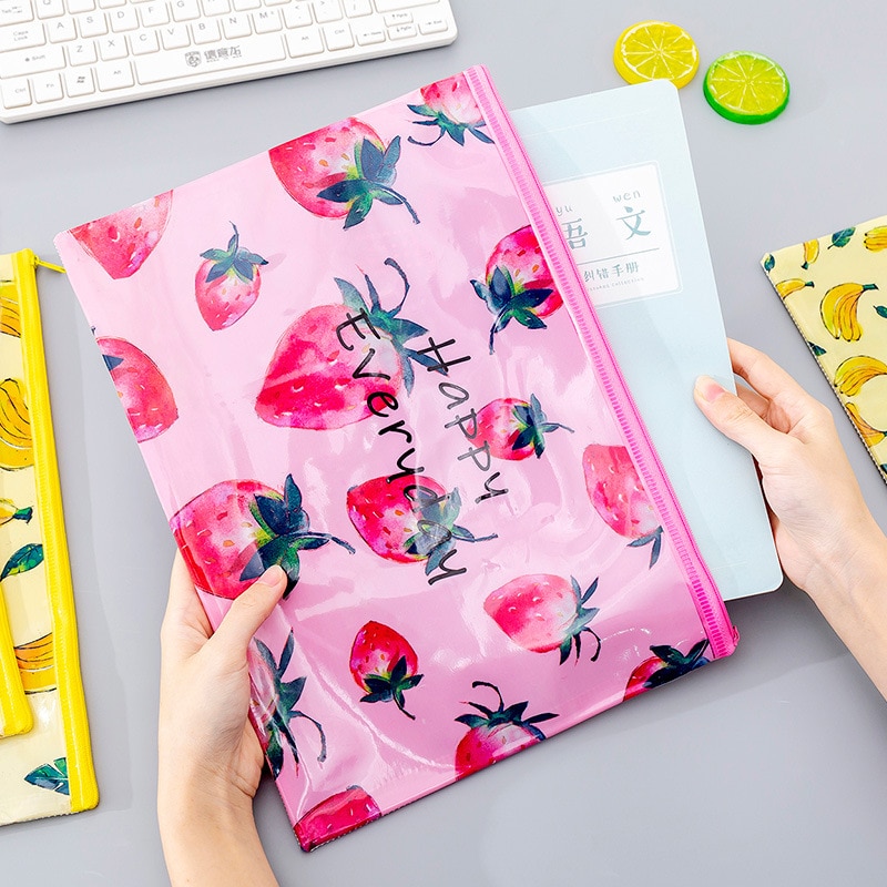 Bolsa de lápices de fruta original, estuche de malla Kawaii, archivador, estuche grande de pluma de PVC para niñas, papelería coreana, suministros escolares
