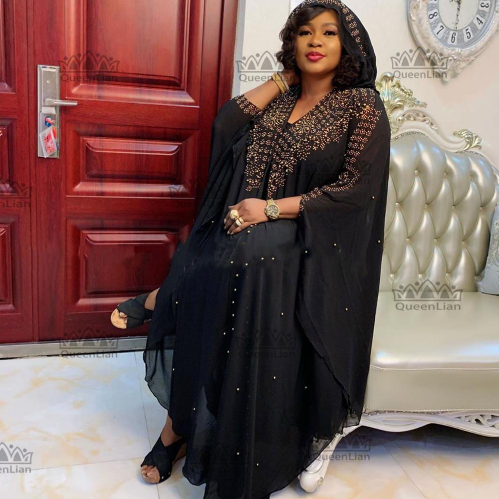 Afrikansk bazin chiffon lang pinne diamantermet dashiki kjole for dame
