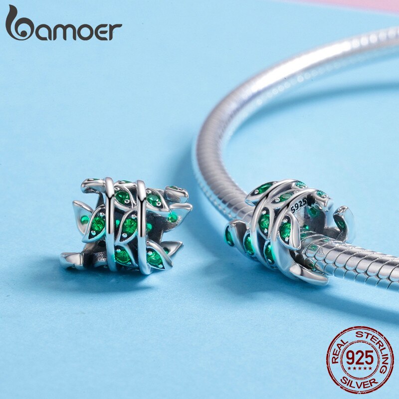 BAMOER 100% 925 Sterling Silver Tree of Life Green Tree Leaves Beads fit Women Bracelet & Necklaces DIY Jewelry Making SCC567