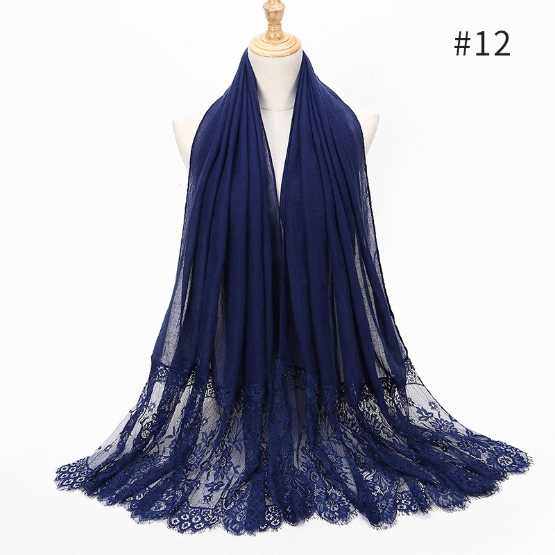 Two Sides Floral Lace Hijabs Viscose Head Scarves Muslim Womens Plain Maxi Muffler Cotton Arab Shawl Tudung Turban 1PC: 12 loyal blue