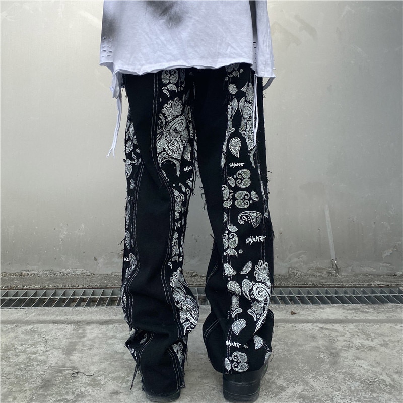 Cashew Print Patchwork Jeans Pants Men and Women Streetwear Straight Washed Harajuku Denim Trousers Loose Ripped Jeans for Men