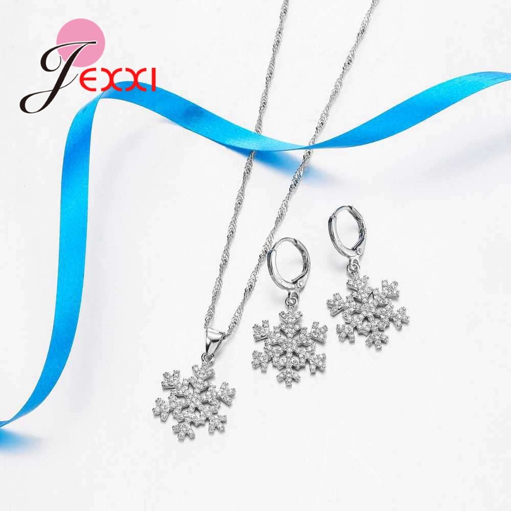 Conjunto de joyería para mujer, de Plata de Ley 925, colgante de circonia cúbica con copo de nieve, collar, pendientes, conjuntos