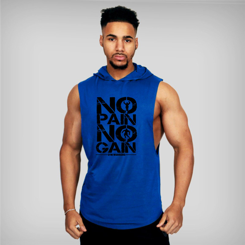 Summer Men's Gym Hooded Vest Fitness Sports Vest Large Size Men's Fitness Vest Sports Hooded Vest Loose Training Letter Top: Blue / XXL