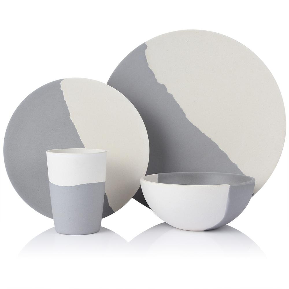 Lekoch Bamboo Fiber 4Pcs for 1 person Tableware Set gray and white Plate Bamboo Fiber dinnerware Plate Bowl Cup Set for Party: Default Title
