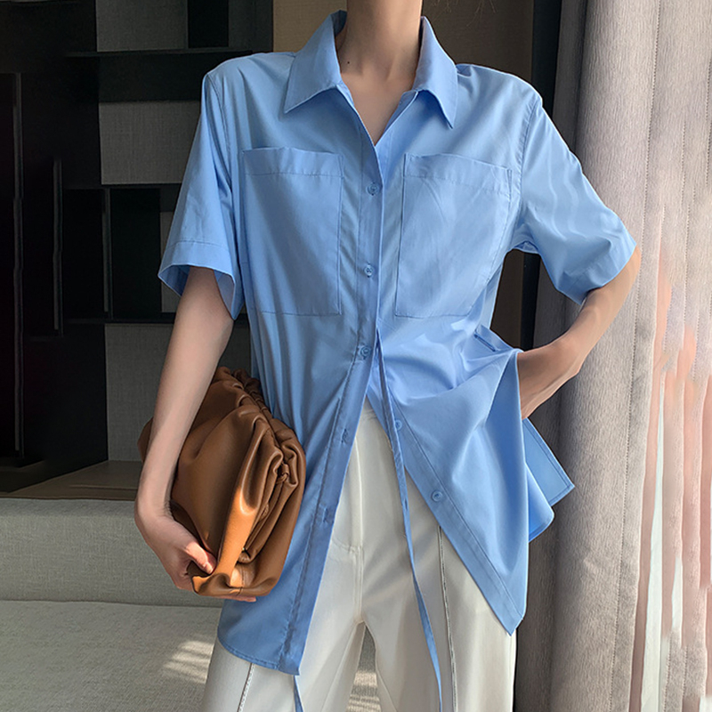 TWOTWINSTYLE Asymmetrical Women Shirt Lapel Collae Half Sleevel High Waist Irreguar Ruched Blouse For Female Clothes
