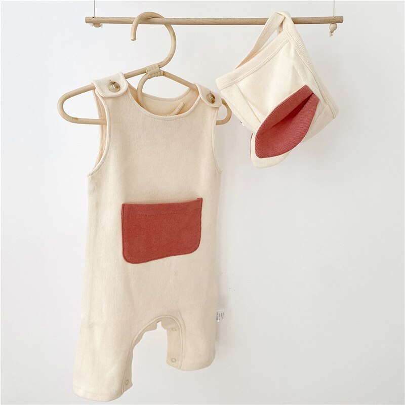 EnkeliBB Korean Baby Boys Spring Summer Romper With Hat Lovely Cotton Infant Boys Sleeveless Onesie With Pocket: 6M