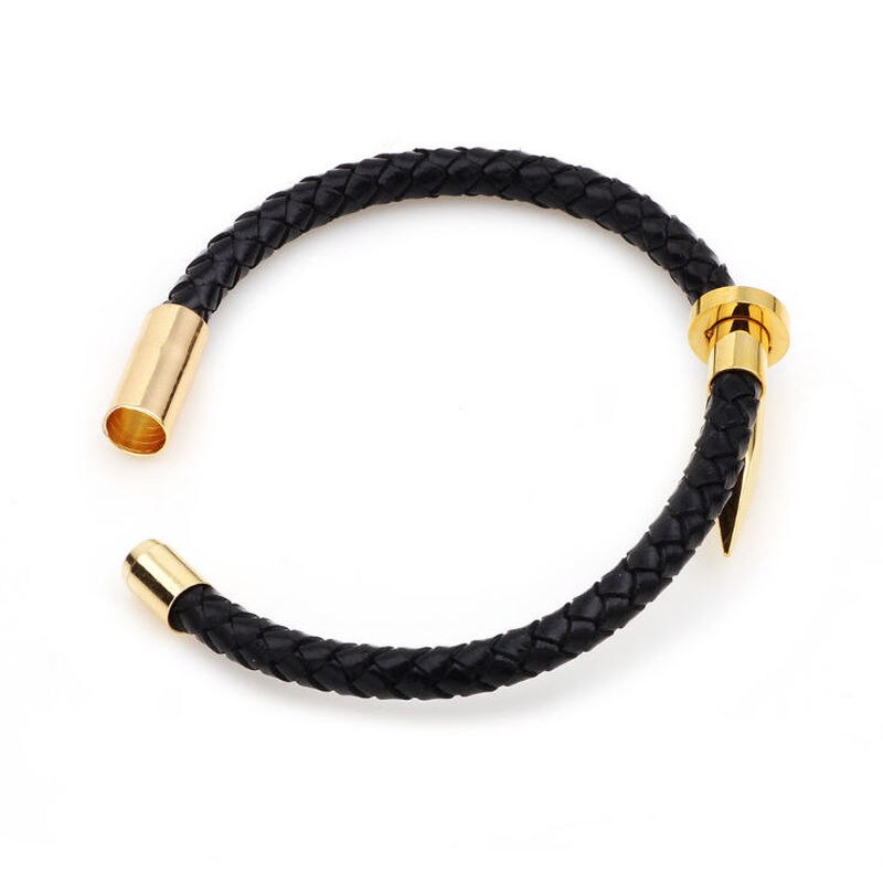 Sort læder reb rustfrit stål søm armbånd til kvinder mænd charm mandlige armbånd