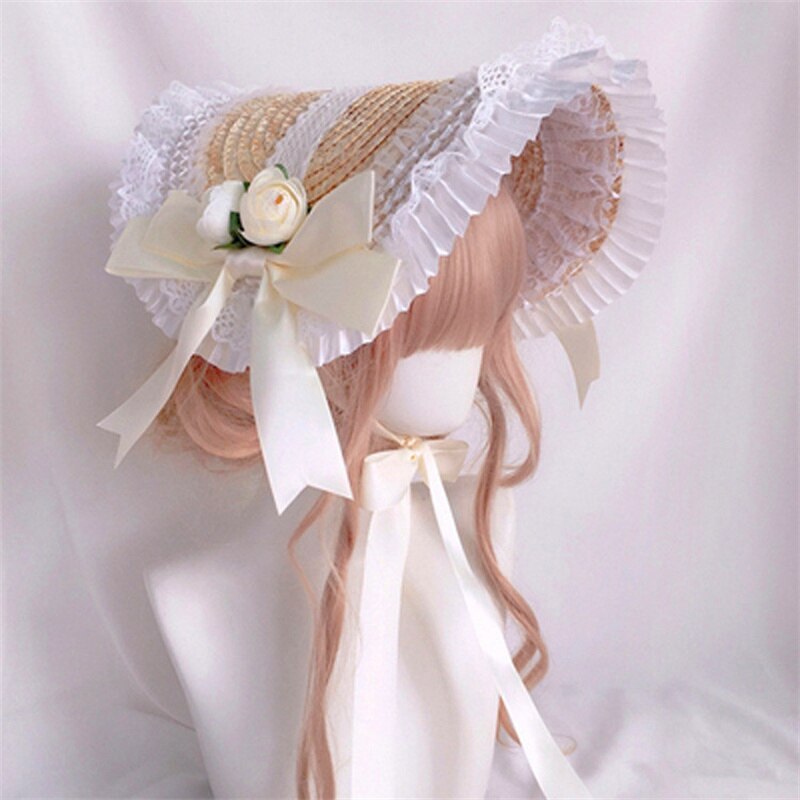 Chapeau de paille Lolita pastorale, fait à la main, doux, dentelle à volants, ruban de coupe, , fête de thé, Cosplay Floral, béret Lolita