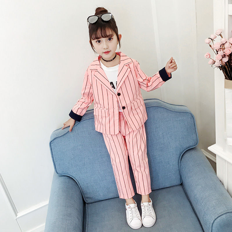 Filles Blazer costumes ensemble costume + pantalon 2 pièces fête de mariage enfants fille noir et blanc Vertical rayé Blazer ensemble pour filles 4-13