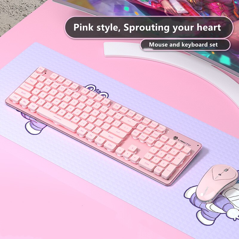 Set tastiera e Mouse wireless, Mouse retroilluminato ricaricabile a 104 tasti ricaricabile a 2.4GHz Full Size per Computer, Laptop, PC: Pink Set