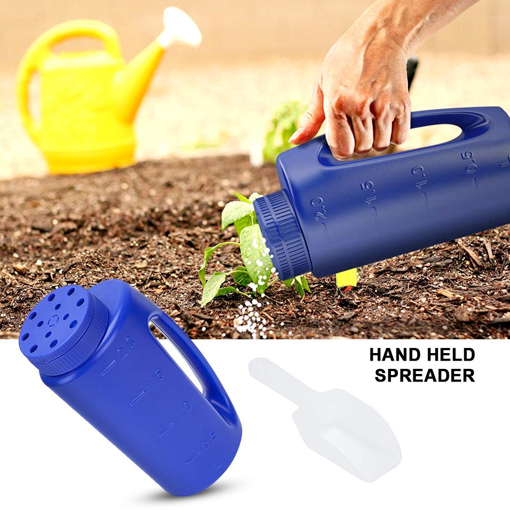 2L Hand Held Spreader In Blue Adjustable Hole Size For Seed Fertiliser Salt To Deice Or Any Size Granule Complete With Scoop