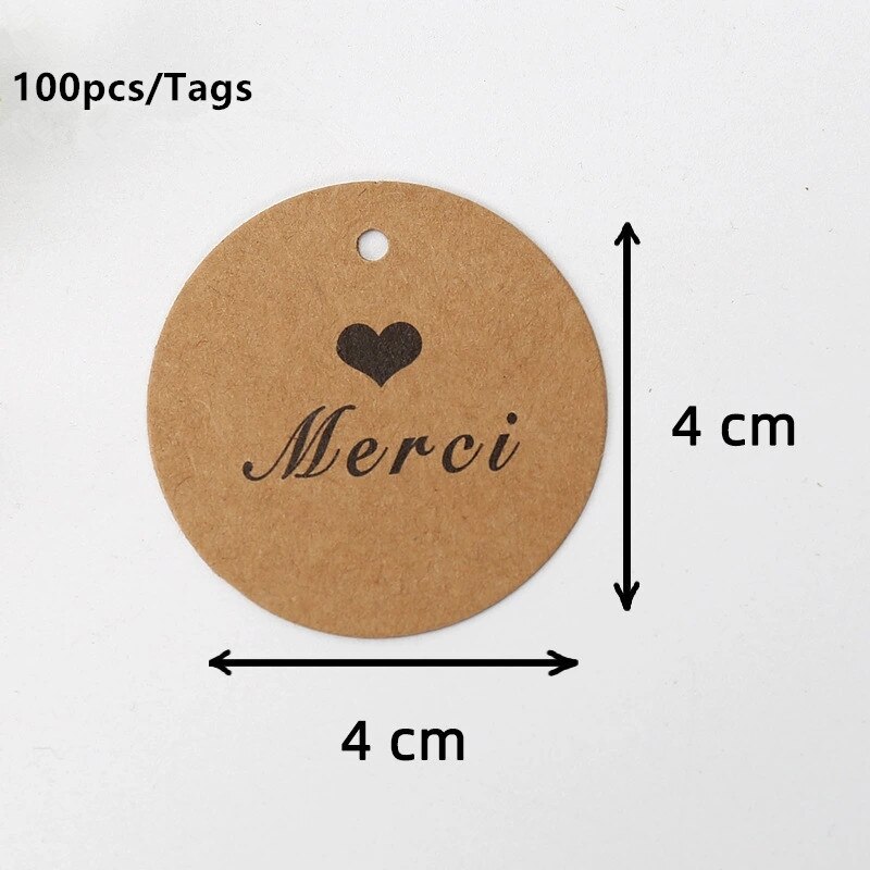 200 Stuks 4Cm Ronde Kaart Kraft Tags Dank U Merci Liefde Print Tag Labels Handgemaakte Product Kledingstuk Schoenen hang Tag Accessoires: Merci