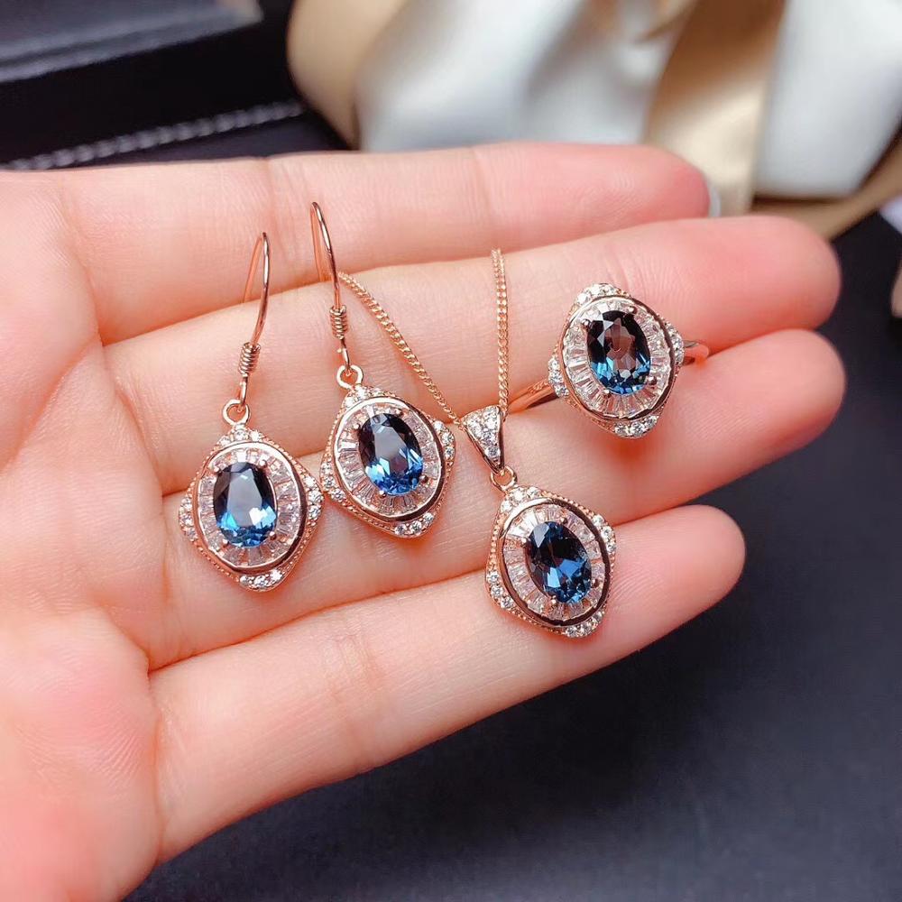 Natural London Blue Topaz Set, Real S925 Sterling Silver Ring Stud Necklace Pendant Three Piece Set, Dark Blue Natural Gemstone