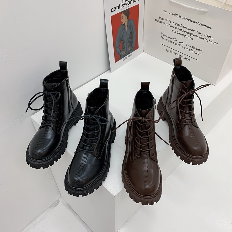 Chunky Martin Laarzen Vrouwen Bruin Warme Pluche Ronde Neus Kant Rits Lederen Lace-Up Britse Stijl Trendy Vrouwelijke enkellaarsjes