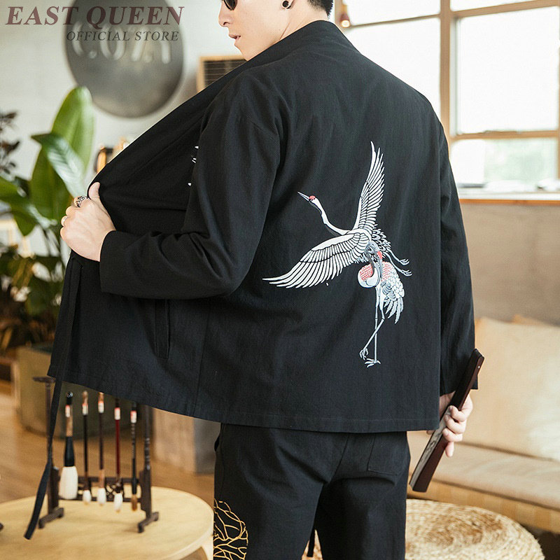 Kimono japonés Cárdigan para hombre Yukata, camisa de estilo chino, traje Samurai bordado con Grulla, ropa asiática Haori KK2946