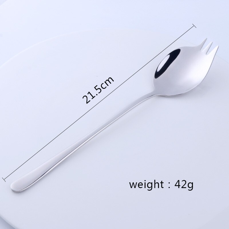 2 in 1 Salad Forks Spoon 304 Stainless Steel Three Tooth Multifunction Dessert Snack Fruit Forks Kitchen Tableware: silver