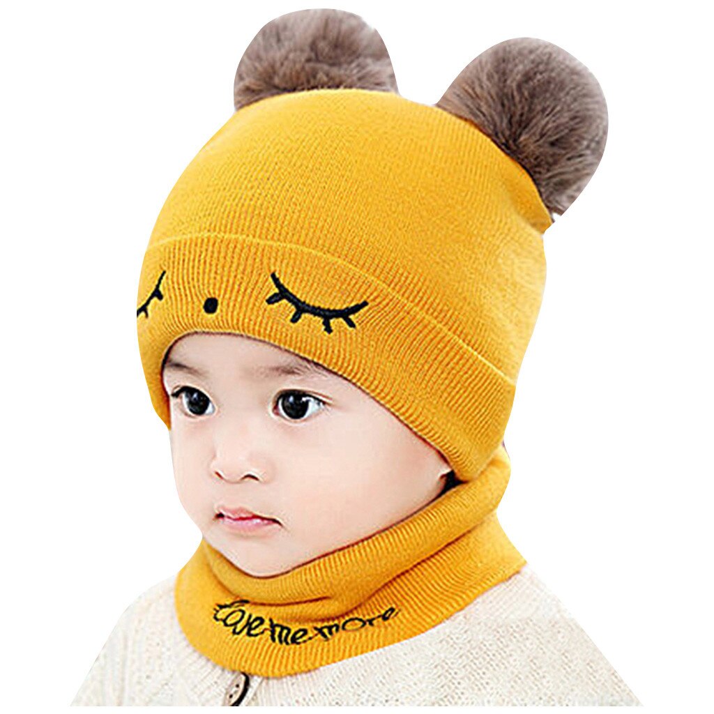 -né bébé enfants filles garçons hiver tricot chapeau fourrure boules pompon solide mignon belle bonnet # P30: Jaune