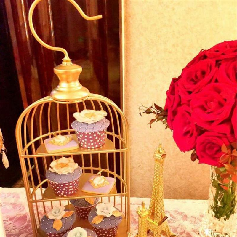 20cm gyldne cupcake stativ smedejern fugl bur formet dessert display stativ multi-lag kage rack snack holder metal rack