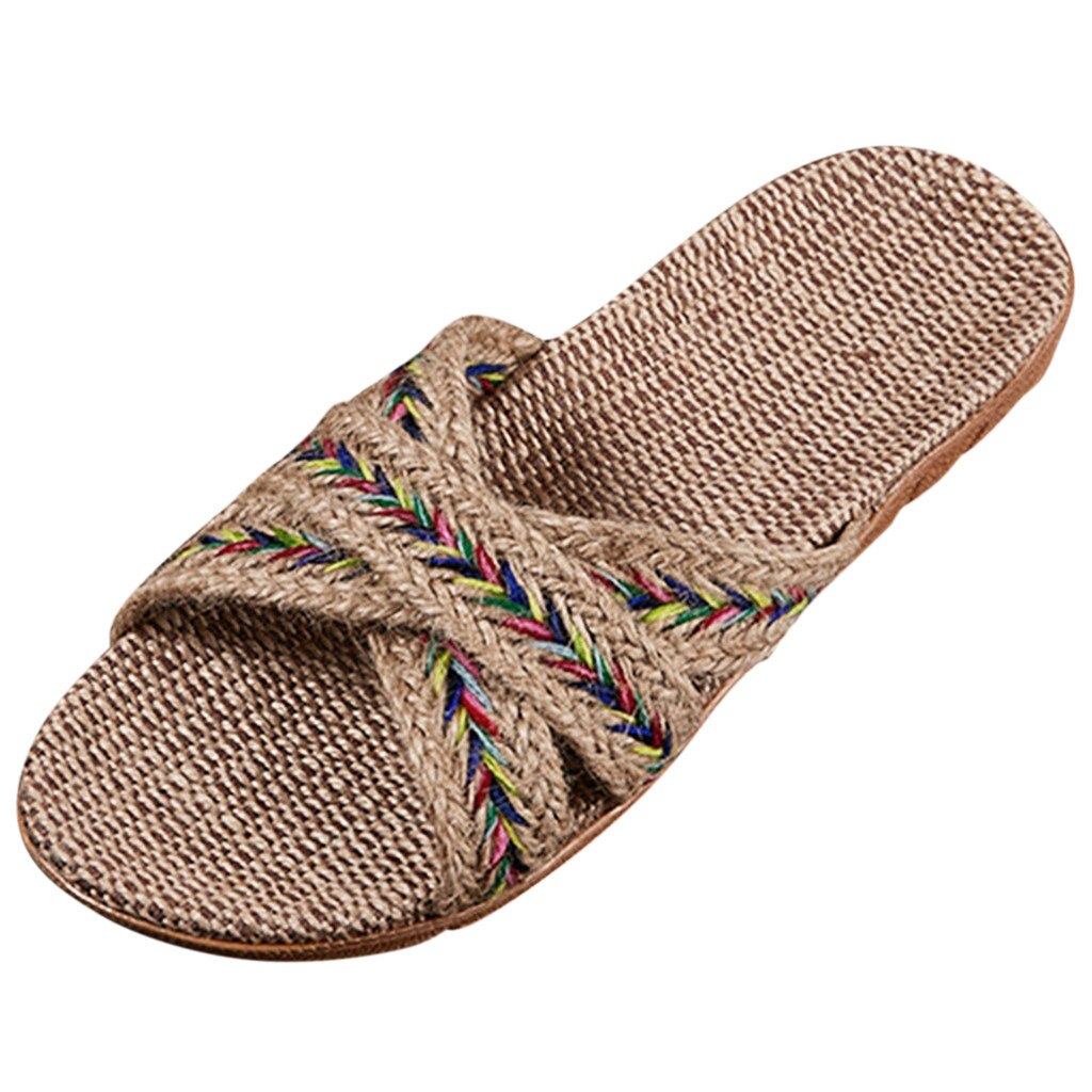 Summer Womens Open Toe Beach Slippers Shoe Slippers Men Home Summer Cross Strap Ladies Casual Shoes Linen Slippers: Beige / 35