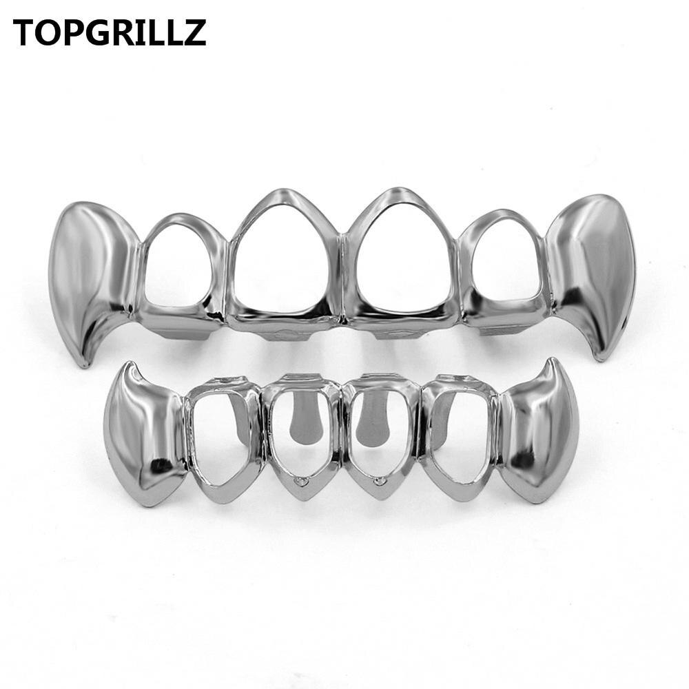 TOPGRILLZ Vergoldeter Hüfte-hüpfen-Zahngrill, oberer und unterer Grill, Hüfte-hüpfen-Bling-Hohlvampirzähne für Halloween: Silber überzogen