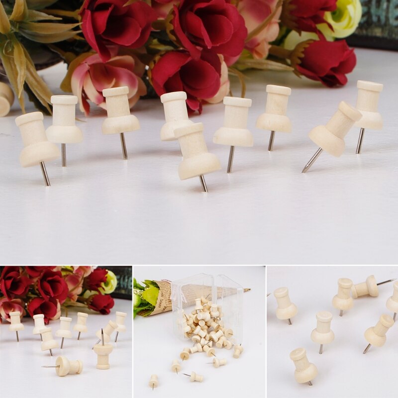 40 Pcs Wooden Thumbtack Decorative Drawing Push Pins Wood Head Office