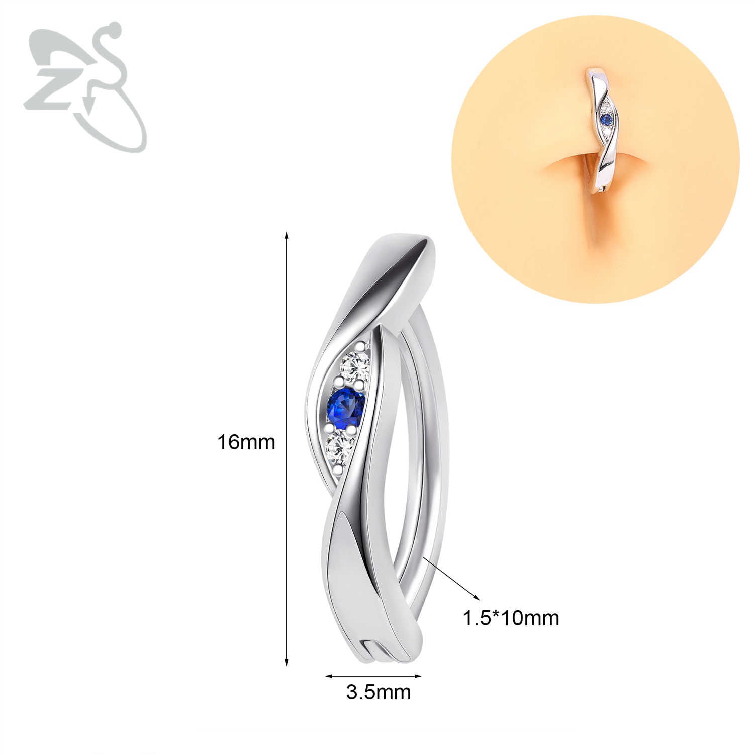 ZS 1 PC Leuke Vlinder Buik Navel Ring CZ Crystal Navelpiercings Bloem Snake Reverse Gebogen Navel Barbell Lichaam sieraden: Blue White Zinc Plated