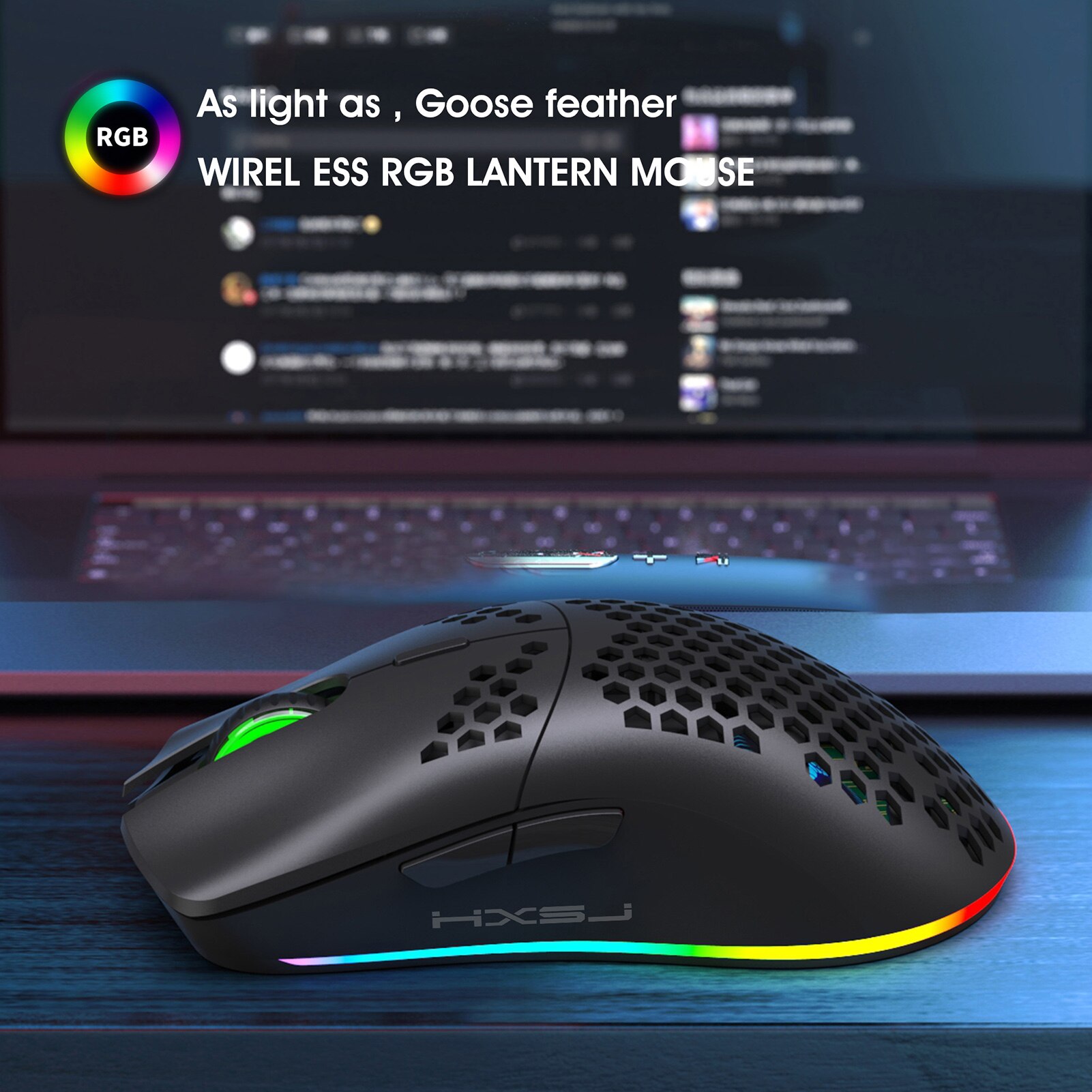 HXSJ 2.4GHz Wireless Gaming Mouse Rechargeable Mouse with RGB Light Effect 4 Adjustable DPI Hollowed-out Honeycomb mouse For PC