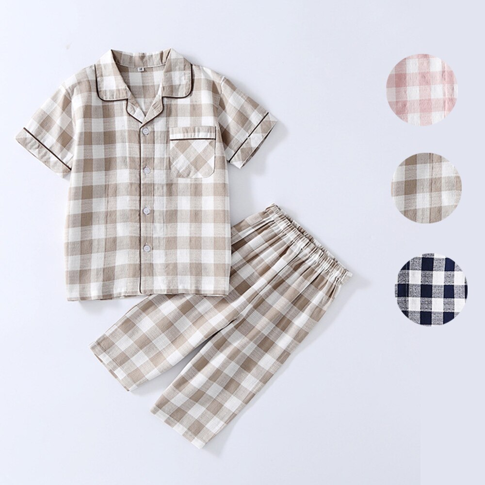 Weiche Baumwolle freundlicher Pyjama Mädchen Nachtwäsche Teenager Plaid Schlafanzug oben Hosen 2 stücke einstellen Art Baby Junge Pijama Anzug mit tasche 2-12Y