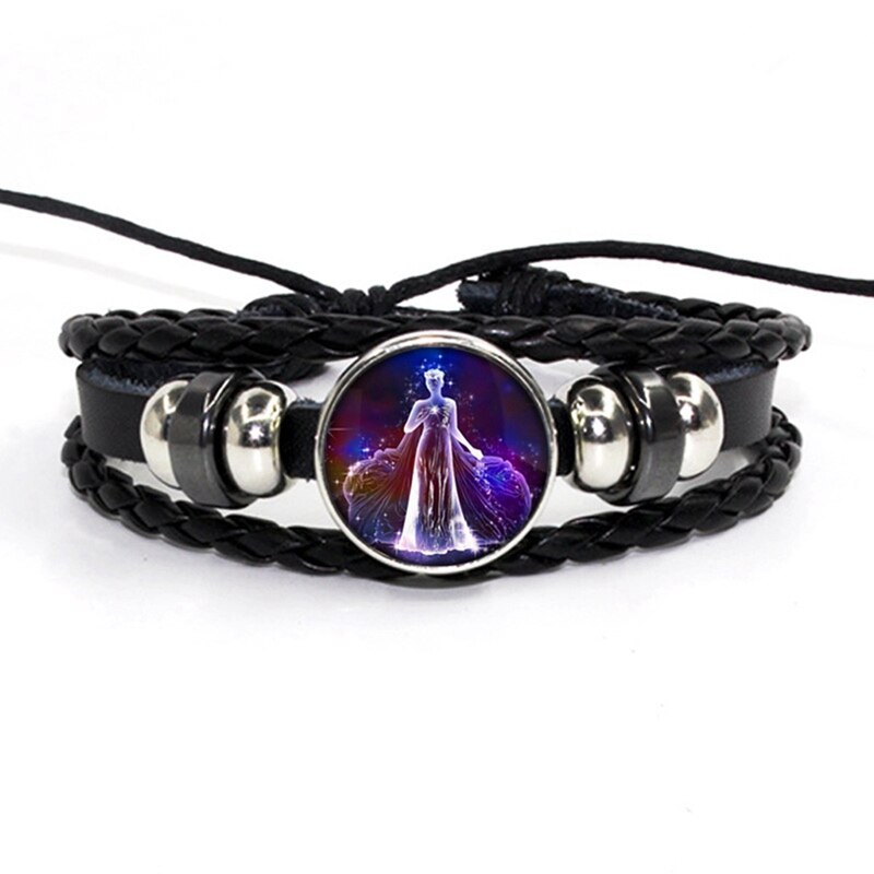 Luminosos 12 signos del zodiaco pulsera que brillan en la constelación oscura cabujón de cristal botón a presión pulseras de cuero de cumpleaños: 10-Virgo