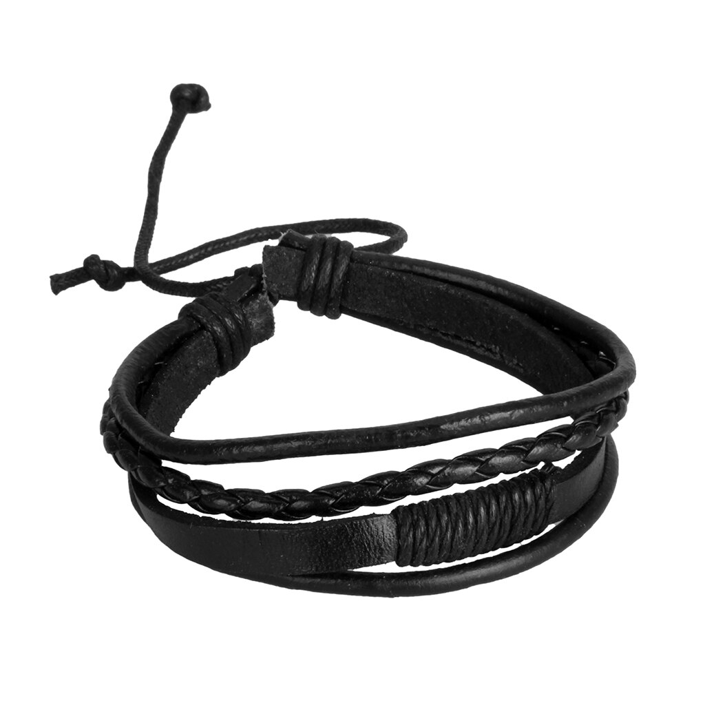 Mens Vrouwen Multi Strand Pu Lederen Wrap Punk Cowboy Verstelbare Armband: Black