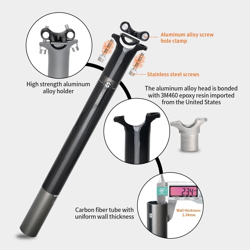 TOSEEK-sillín 100% de fibra de carbón mate 3K, superligera, Piezas para sillín de bicicleta de montaña o carretera, 27,2/30,8/31,6x350/400 MM