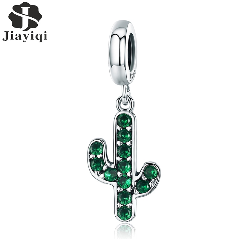 Jiayiqi 100% 925 Sterling Silver Vitality Cactus Glittering Green Charm Fit Women CZ Bracelet & Pendants DIY Jewelry