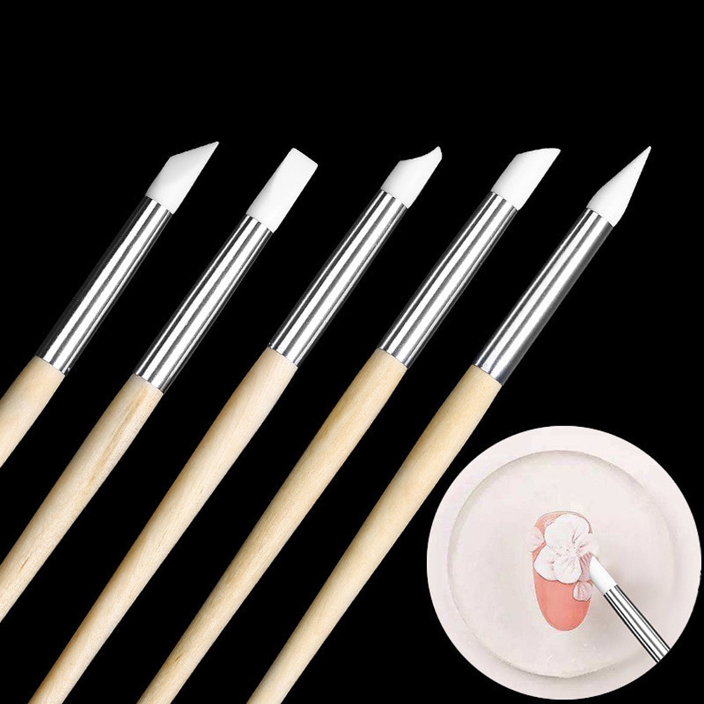 5 uds, pincel de silicona para manicura, grabado en relieve, lápiz de goma para modelador de uñas, herramienta para manicura