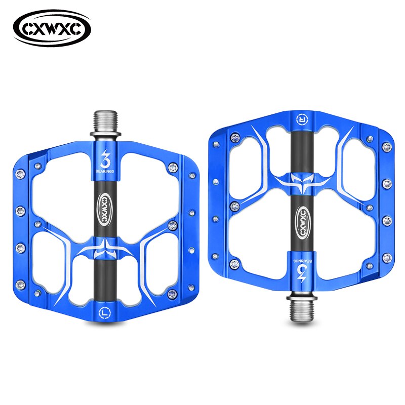 Pedales planos para bicicleta de montaña, 3 rodamientos sellados, plataforma ancha, antideslizantes: Blue