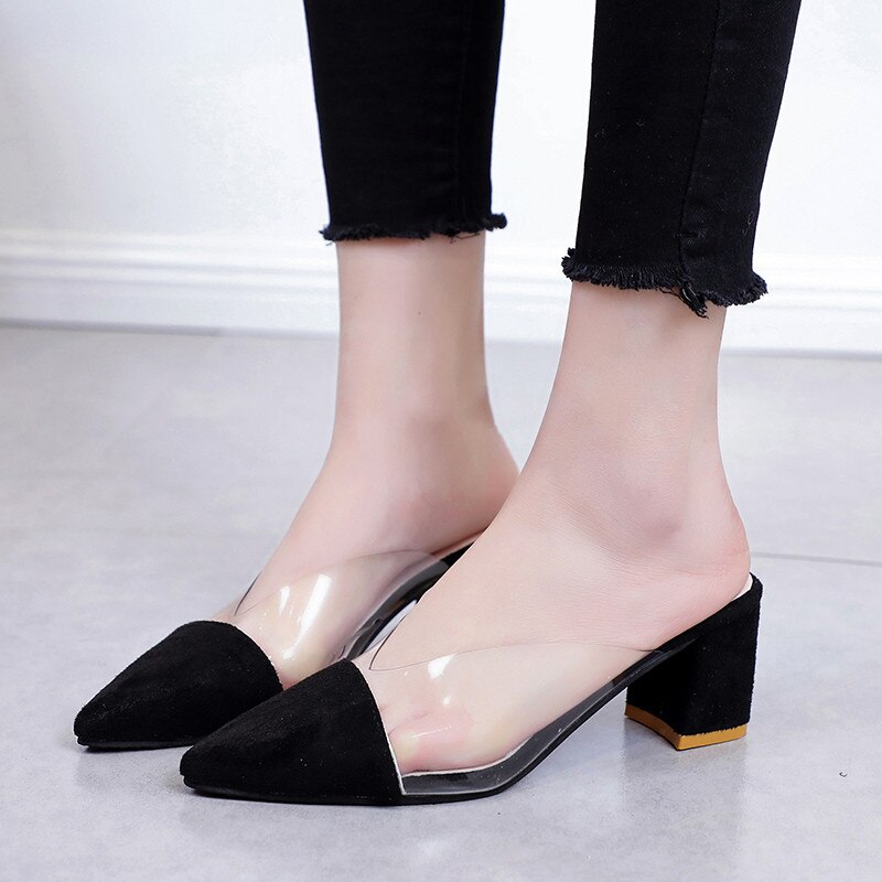 Square heel High heels slippers women summer shoes women Transparent Suede Comfortable Casual ladies shoes