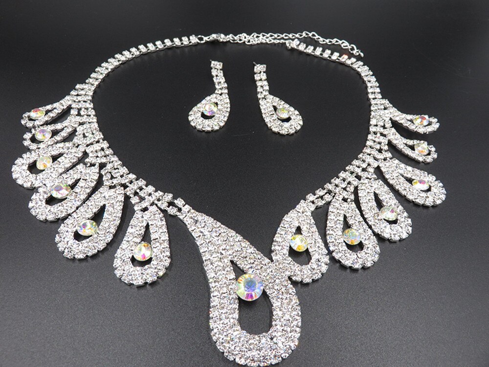 Trendy Female White Crystal Jewelry Set Charm Silver Color Dangle Earring For Women Dainty Round Zircon Wedding Chain Necklace
