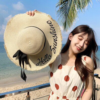 Handmade Weave Letter Sun Hats for Women Black Ribbon Lace Up Large Brim Straw Hat Outdoor Beach Hat Summer Caps
