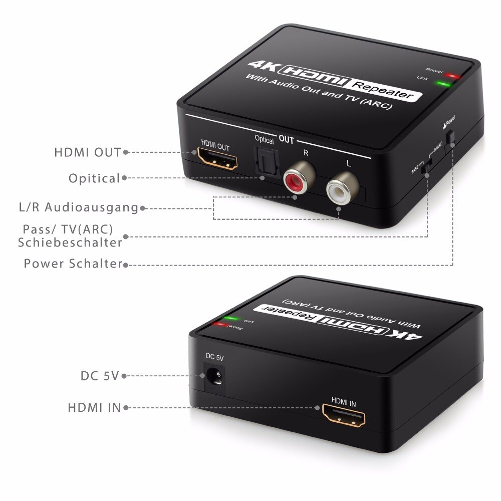 4K x 2K HDMI naar HDMI en Optische TOSLINK SPDIF + L/R Stereo Audio Extractor Converter met ARC Functie HDMI Audio Splitter