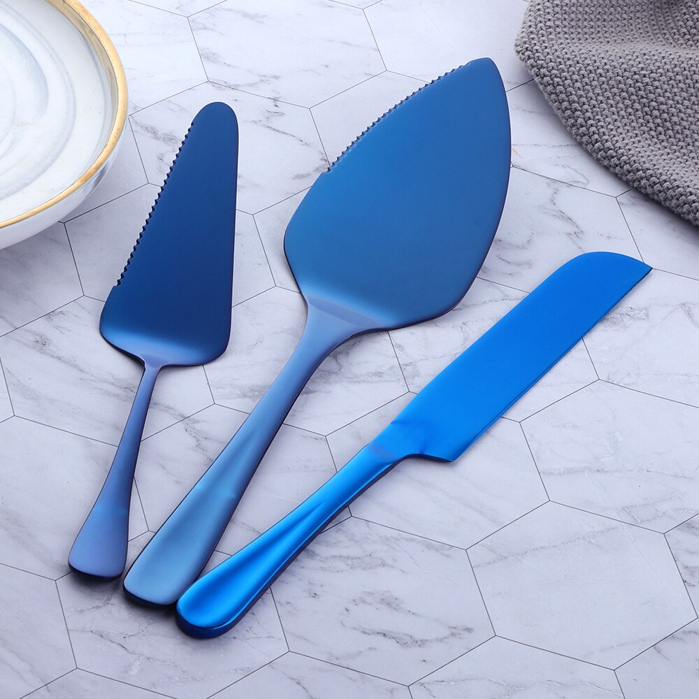 1/3PCS Stainless Steel Cake Shovel Set Bread Pizza Knife Dessert Pie Divider Cutter Spatula Server Baking Tool for Party Wedding: blue set