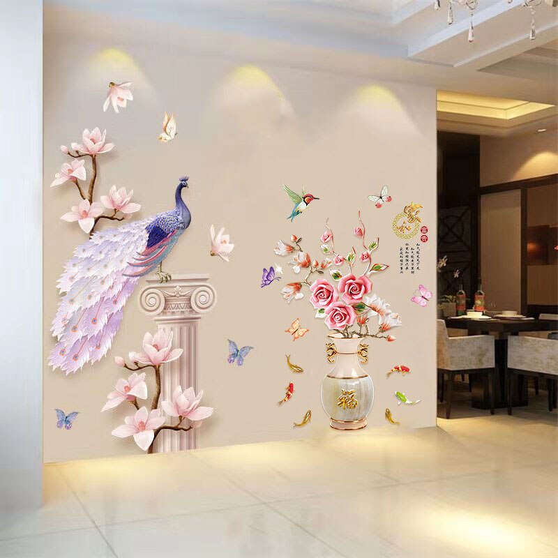 Chinese Style 3D Peacock Wall Stickers Large Bottle Flowers Vinyl Living Room Hallway Bedroom Home Decor Decoration Poster