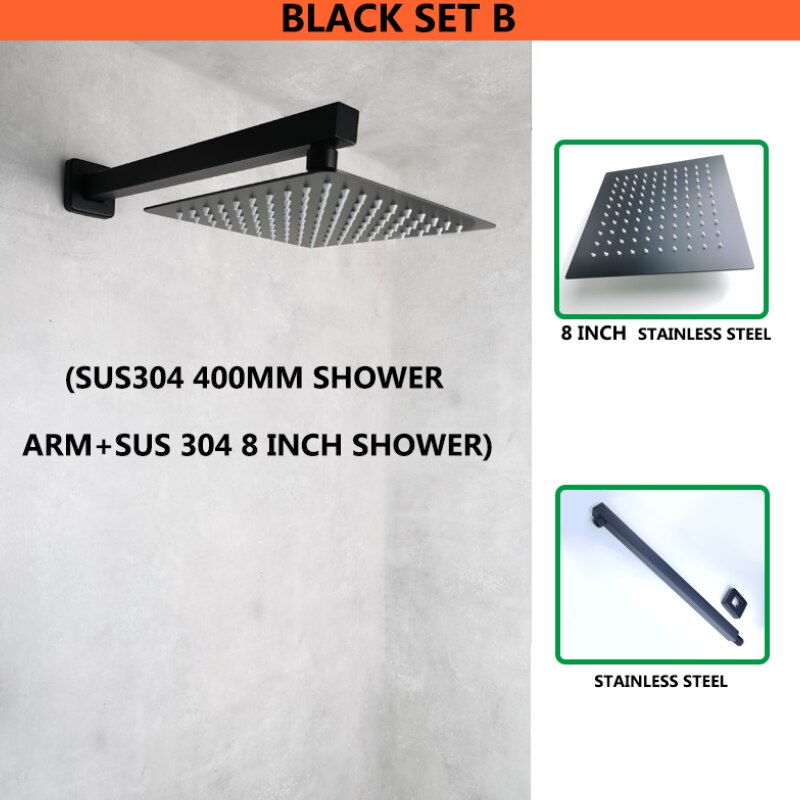 Matt Black Ultra Thin Square 8 Inch 304 Stainless Steel or ABS Top Shower Concealed In Wall Head Shower Set System: SS Wall Shower Set